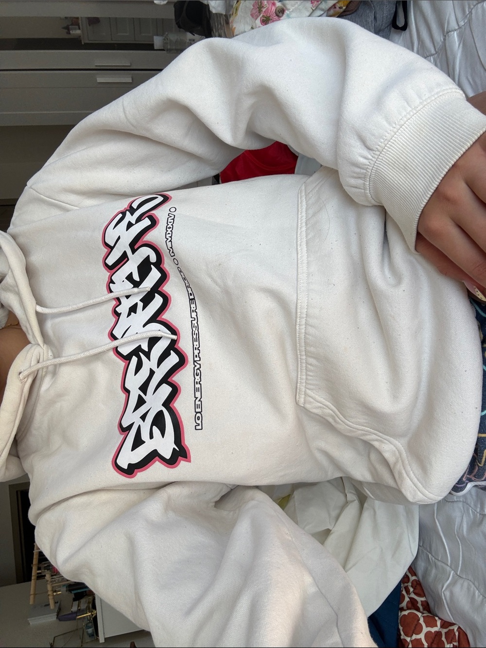 Cream Graphic Hoodie with Front Script Logo - Men - Picture 4 of 5
